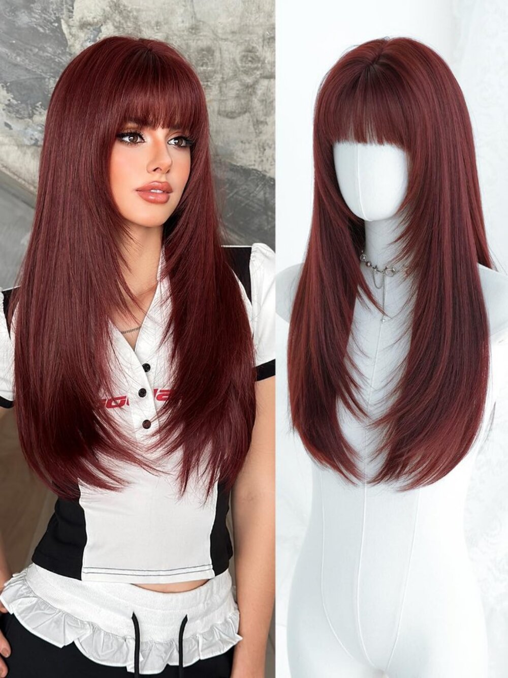 26IN Women's Wine Red Fashion Long Straight Layered Synthetic Wig With Bangs